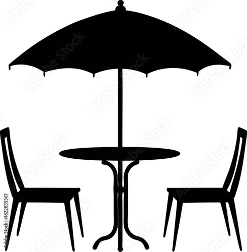chair and table with umbrella silhouette, cafe chair table umbrella black symbol