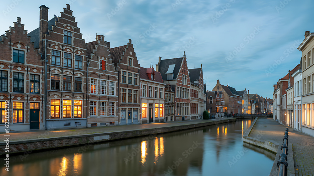Naklejka premium Historic canal with gabled houses and reflections at dusk water twilight