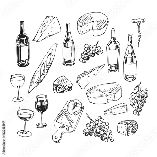 Wine and cheese hand drawn elements, sketched illustrations