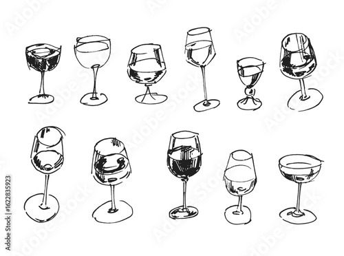 Ink drawn collection  of various types of liquor glasses