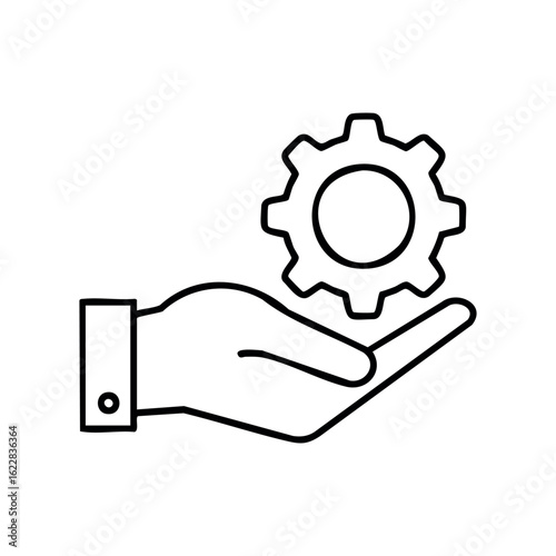 Hand holding gear icon symbolizing technical support and engineering assistance – stock vector icon in line style