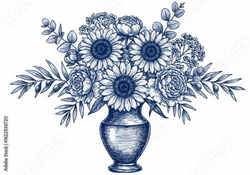 Porcelain decoration design featuring peony flowers, sunflowers, and baby's breath flowers (dark blue)