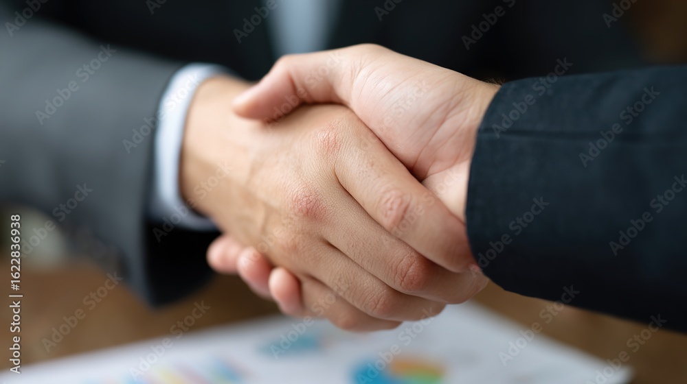 Obraz premium Handshake Deal: A close-up shot of two individuals in business suits clasps hands, sealed a successful agreement. This photorealistic image captures the essence of collaboration and agreement.