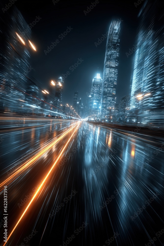 Obraz premium Futuristic Cityscape at Night with Light Streaks, Urban Technology and Transportation Abstract Motion