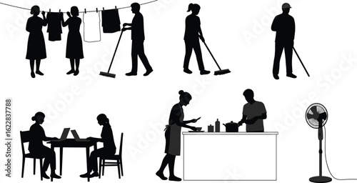 Daily life activity silhouettes, household chores, cooking, working on laptop, sweeping, drying clothes, vector illustration, black white minimal design