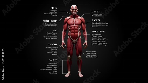 Detailed 3D Human Muscular System Anatomy Comprehensive Visualization  Identification of Major Muscle Groups,Medical Illustration of Male Body Muscles  Education, Healthcare, Fitness,Detailed Human