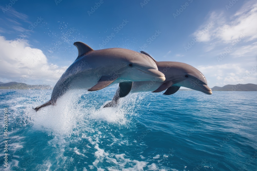 Fototapeta premium Two dolphins gracefully leaping out of the clear blue ocean under a bright sky