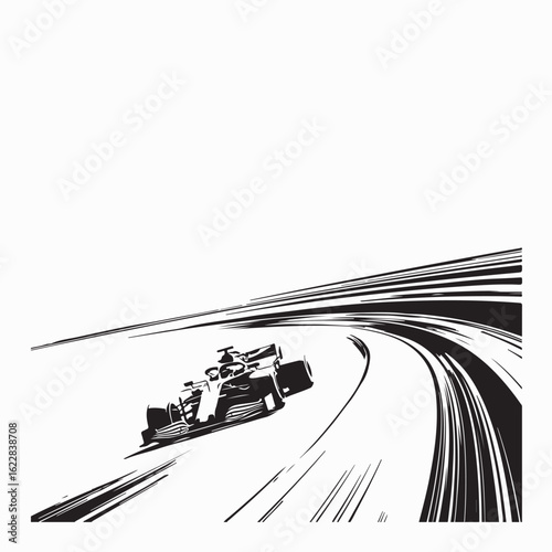 Formula One race car navigating sharp turn vector silhouette on professional racing circuit