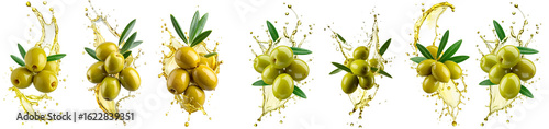 Green olives splashing with extra virgin olive oil on transparent background