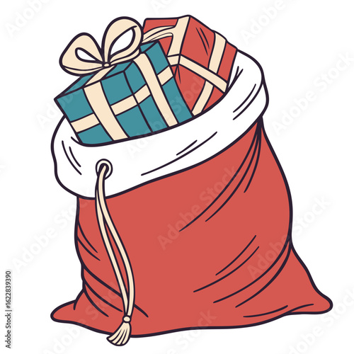 Santa claus bag overflowing with christmas presents and gifts
