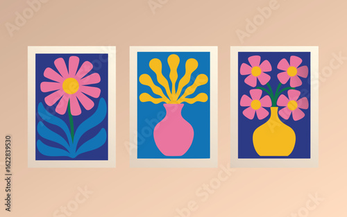 Three Retro Flower Prints with Pink, Yellow and Blue Geometric Design.eps