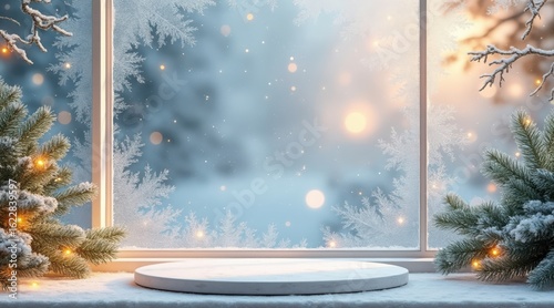 Fototapeta Naklejka Na Ścianę i Meble -  Empty white podium on a snowy windowsill with a blurred winter forest background and bokeh lights