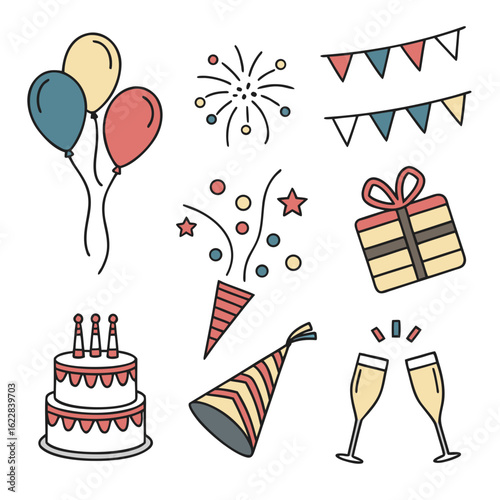 Collection of colorful party elements for celebrations and birthdays