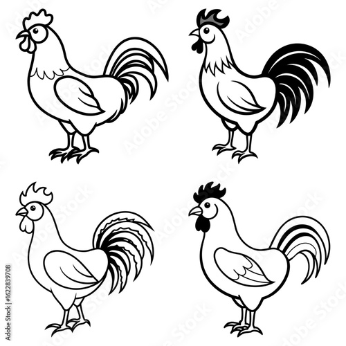 Four outlined roosters in different poses with varying tail and comb styles presented together nicely