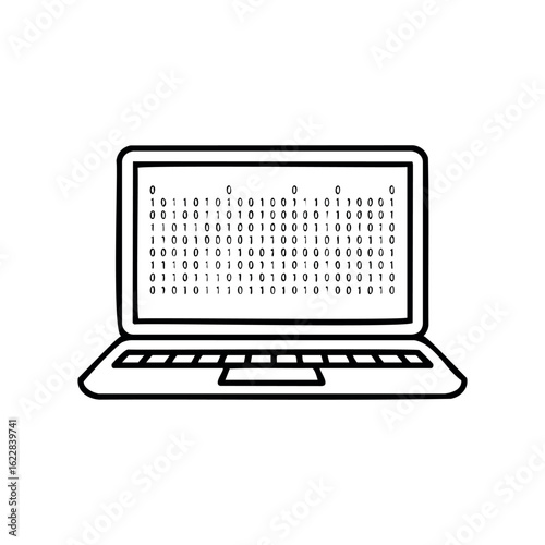 Simplistic laptop with binary code display on screen – stock vector icon in line style