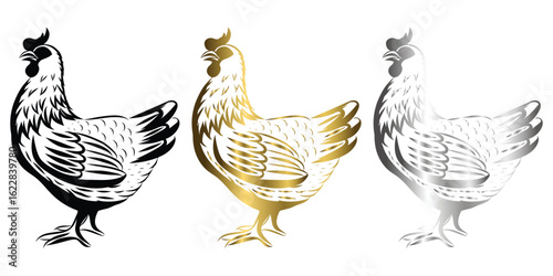 Vector Line Art Illustration logo of a chicken It is standing there are three color black gold silver