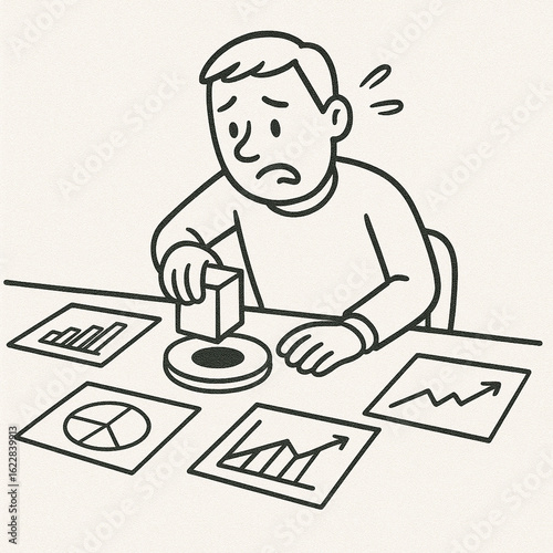 Worried man forcing a square peg into a round hole amid business charts. Symbolizes mismatched strategy and poor decisions - Generative AI illustration
