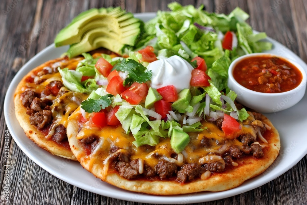 Delicious taco pizza with ground beef, cheese, and fresh toppings enjoying a meal Delicious taco pizza with ground beef, cheese, and fresh toppings enjoying a meal