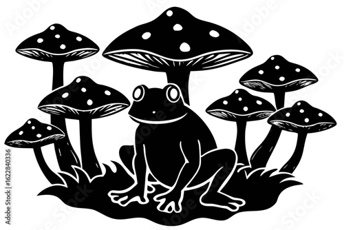 A whimsical black and white silhouette illustration of a frog sitting among magical toadstool mushrooms in an enchanted forest setting.