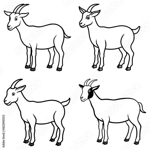 Four outlined goats with horns standing in various poses and one with a black patch on its head