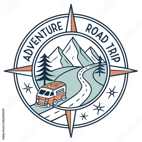Adventure road trip compass with camper van and mountains