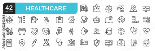 Set of line icons related to healthcare, doctor, medicine, nurse, health, hospital. Outline icons collection. Editable stroke. Vector illustration