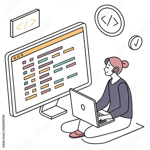 Person coding on a laptop in front of a large monitor displaying code