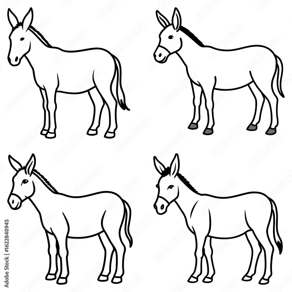 Obraz premium Four outlined donkeys standing side by side in a grid pattern with simple black and white details shown