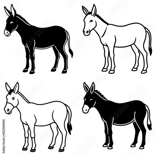 Four donkey illustrations in black and white showing different outlines and solid fill designs of the animal