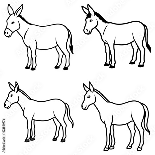 Four simple line drawings of donkeys standing in profile with varying mane and tail details present