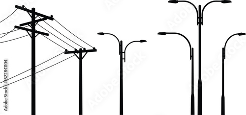 Silhouette vector of street light poles, electric utility poles with wires, city infrastructure, urban elements, isolated black white illustration graphic