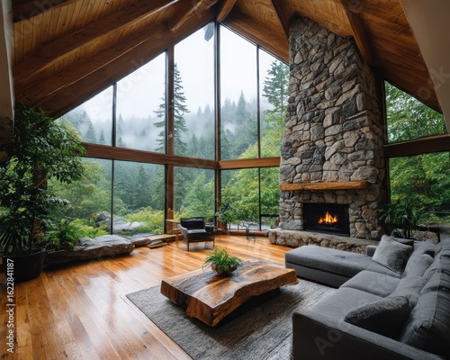 Modern log cabin living room with stunning views