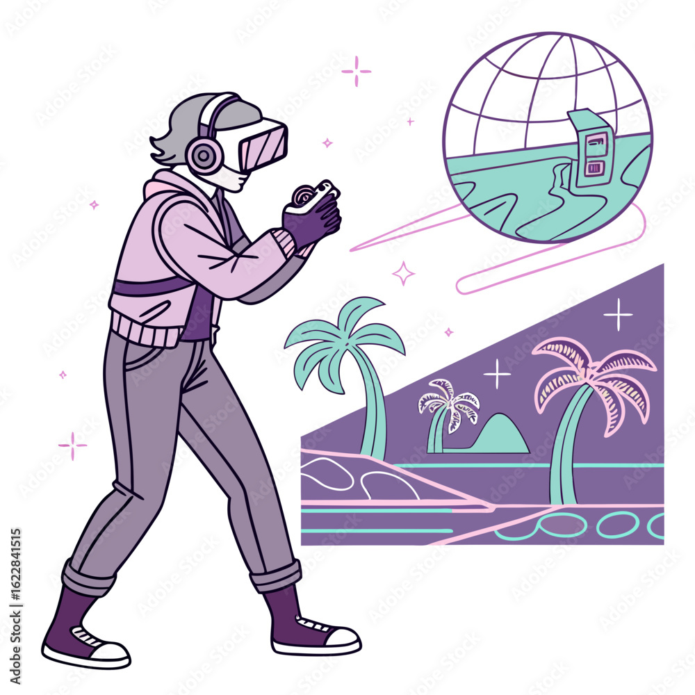 Obraz premium Person wearing vr headset exploring a virtual tropical island landscape