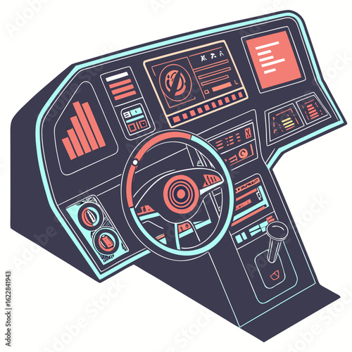 Futuristic car dashboard with steering wheel and digital displays