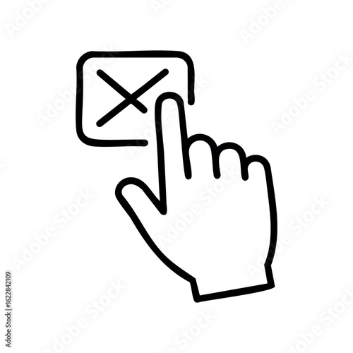 Hand tapping cross icon symbolizing deletion or close action – stock vector icon in line style