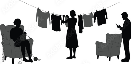 Silhouette woman hanging laundry, knitting woman on chair, man using mobile phone, daily home activity, vector illustration, domestic scene
