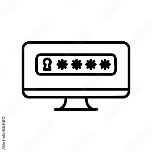 Computer screen displaying password security with asterisks – stock vector icon in line style