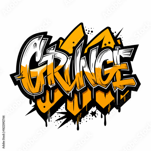 Graffiti art word grunge in orange and white with black outlines and drips
