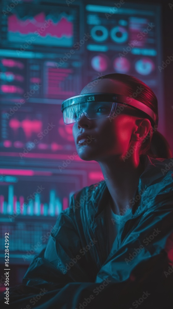 Obraz premium Woman Wearing Futuristic Augmented Reality Glasses Analyzing Data on a Screen Displaying Charts and Graphs