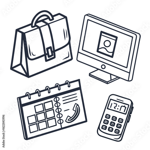 Business essentials including a briefcase computer calendar and phone icons