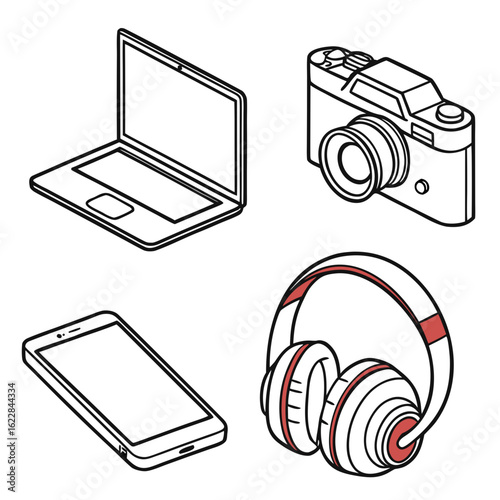 Isometric line art icons of modern electronic devices