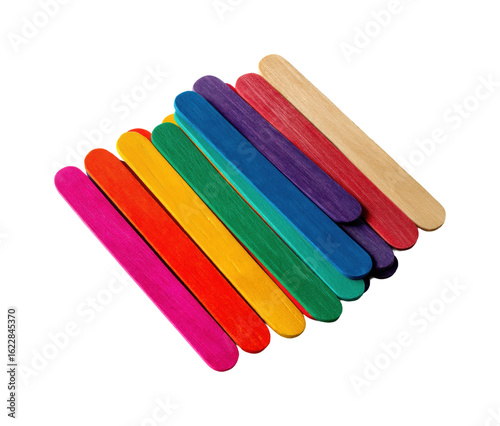 Creative crafting event with colorful popsicle sticks at home isolated on transparent background, png
