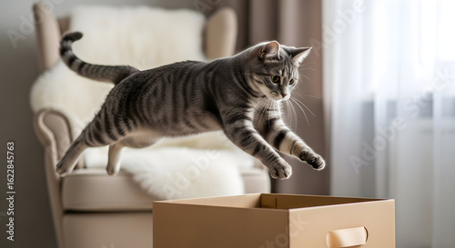 Playful Tabby Cat Leaping into Cardboard Box Home Fun