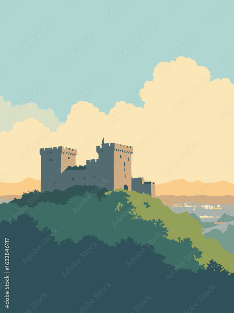 Obraz premium Stafford, United Kingdom – Stafford Castle ruins on hilltop with town vista in stone gray, heath green, sky blue, and dawn gold