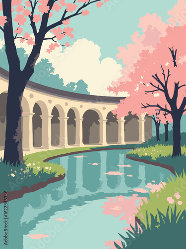 Royal Tunbridge Wells, United Kingdom – The Pantiles colonnade and chalybeate spring in honeyed stone, lamp black, spring teal, and blossom pink