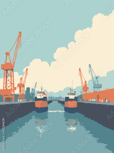 Ellesmere Port, United Kingdom – Manchester Ship Canal locks and industrial cranes in steel gray, dock blue, rust orange, and cloud white