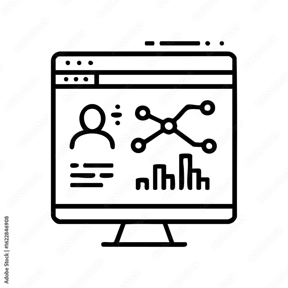 Icon of online user profile with graphs and data on computer screen – stock vector icon in line style Icon of online user profile with graphs and data on computer screen – stock vector icon in line style