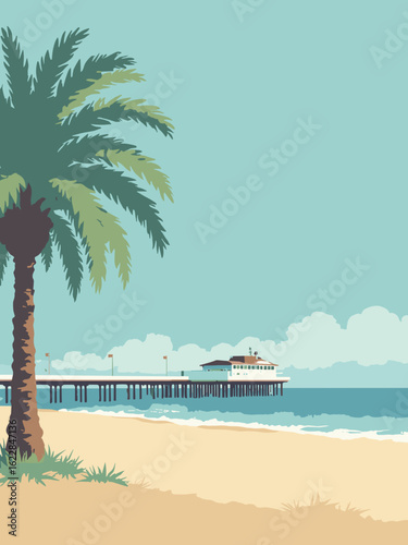 Bognor Regis, United Kingdom – Bognor Pier and beachfront palm trees in pier white, sand beige, frond green, and sky azure