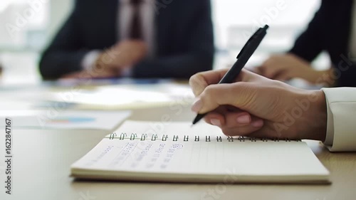 Close Up of Hand Writing in Notepad During Meeting with Blurred Background and Wooden Table Surface