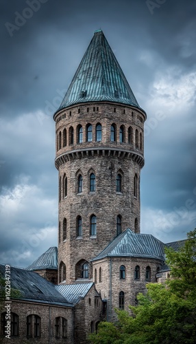 Stone tower against a dramatic sky